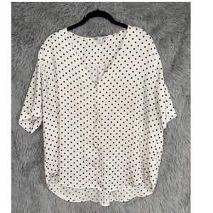 Women's White Black Polka Dot V-Neck Short Sleeve Button Front Blouse Top